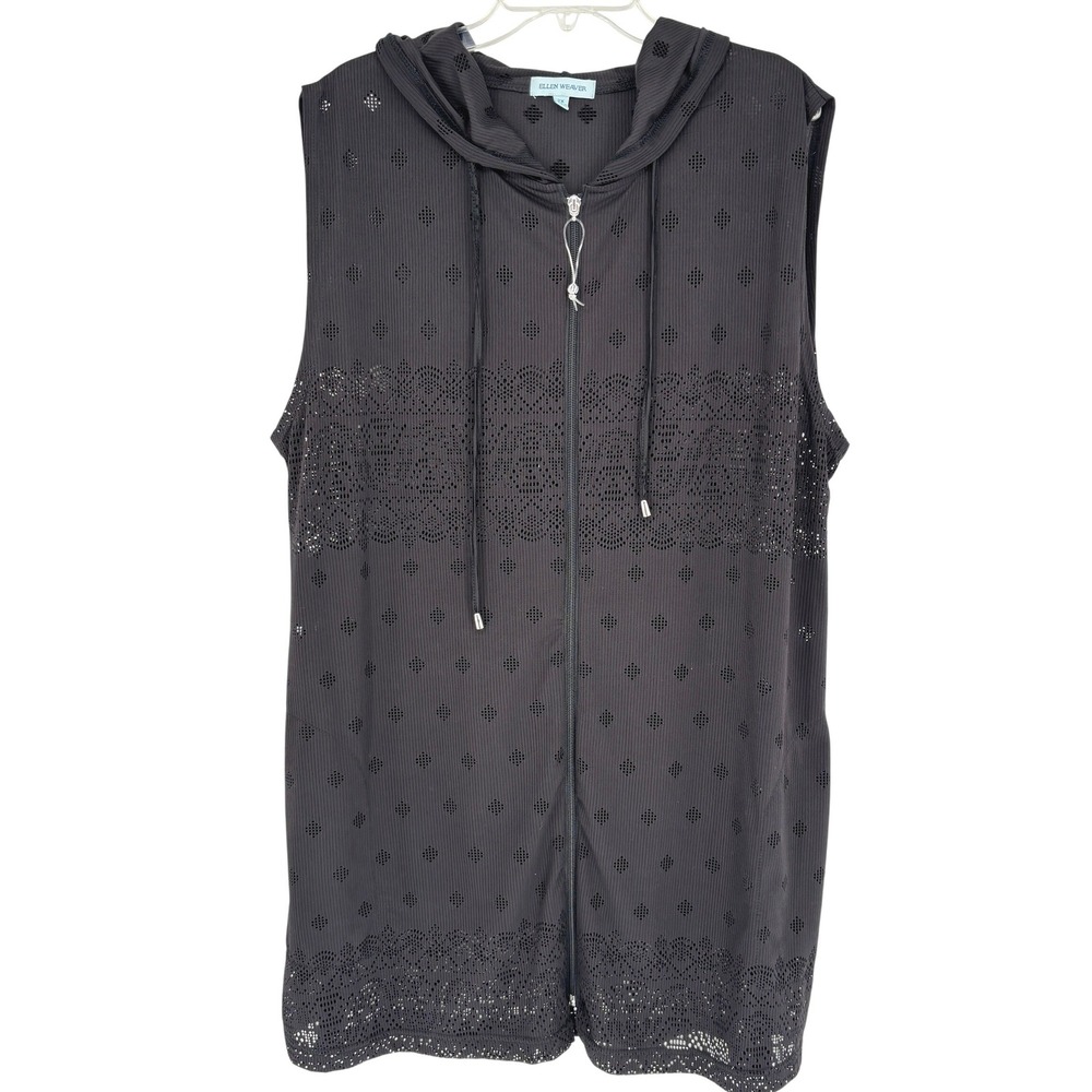 Ellen Weaver Black Eyelet Hooded Zip Sleeveless Swim Coverup 2X Beach Resortwear